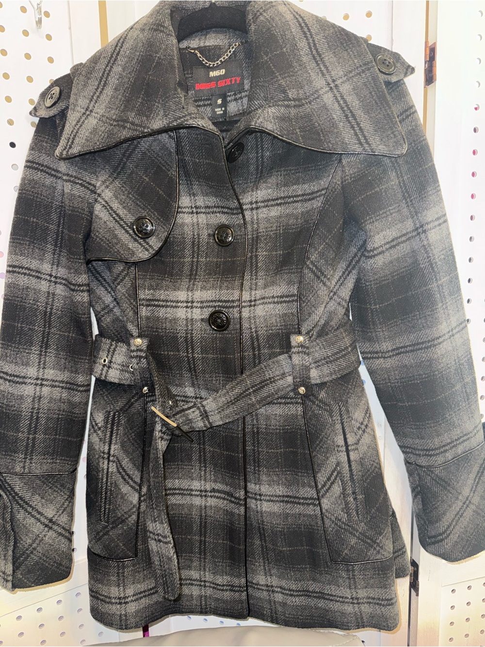 Miss Sixty Gray Plaid Double-Breasted Trench Coat